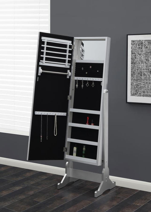 Moore - Cheval Mirror With Jewelry Storage - Silver – Storage Mirrors by CoasterEssence at Furniture Wholesale Plus , Nashville furniture store