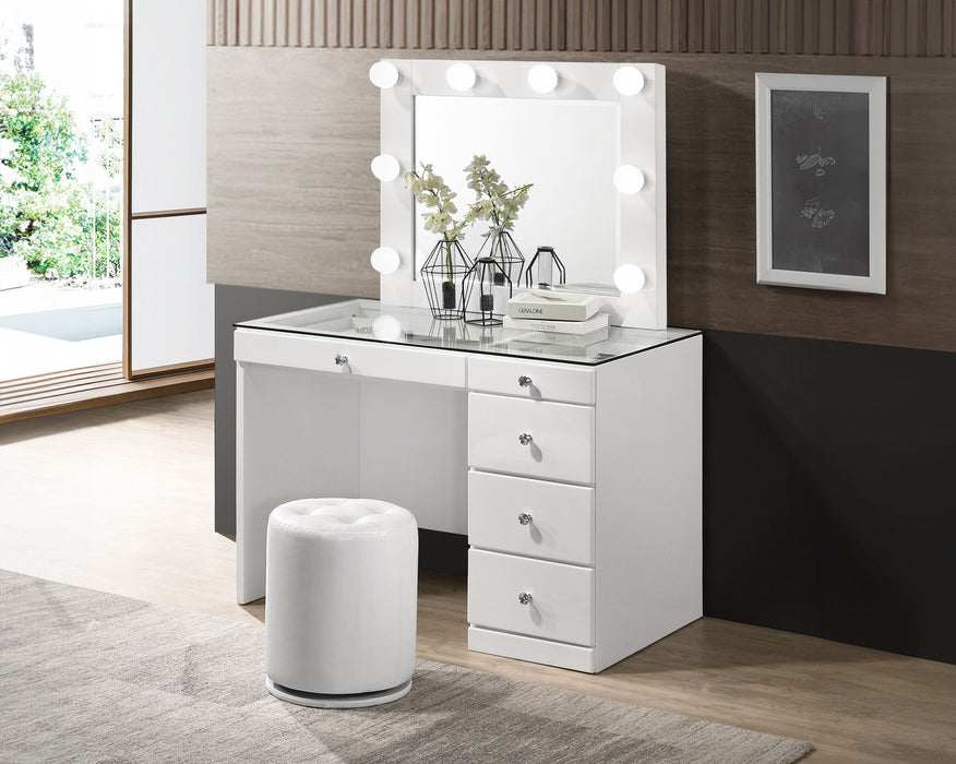 Morgan - Vanity Desk With Glass Top, LED Luxo Mirror & Stool - White – Vanity Sets by Crown Mark at Furniture Wholesale Plus , Nashville furniture store