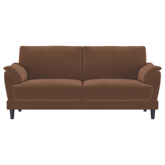 Selma - Velvet Upholstered Crescent Arm Sofa - Rust – Stationary Sofas by Coaster Fine Furniture at Furniture Wholesale Plus , Nashville furniture store
