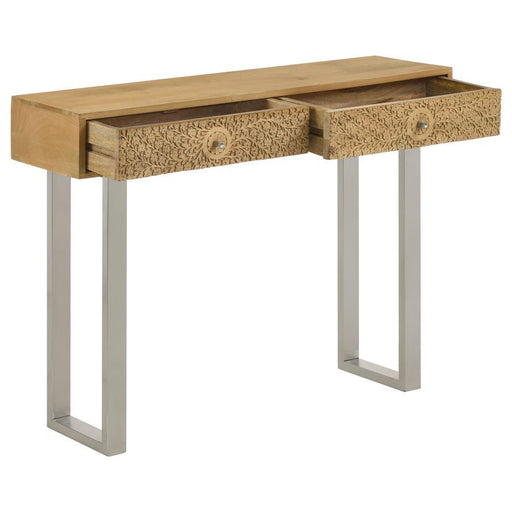 Draco - 2-Drawer Console Table Hand Carved Details - Natural – Console Tables by CoasterEveryday at Furniture Wholesale Plus , Nashville furniture store