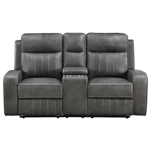 Raelynn - Upholstered Track Arm Motion Loveseat - Gray – Reclining Loveseats by Coaster Fine Furniture at Furniture Wholesale Plus , Nashville furniture store