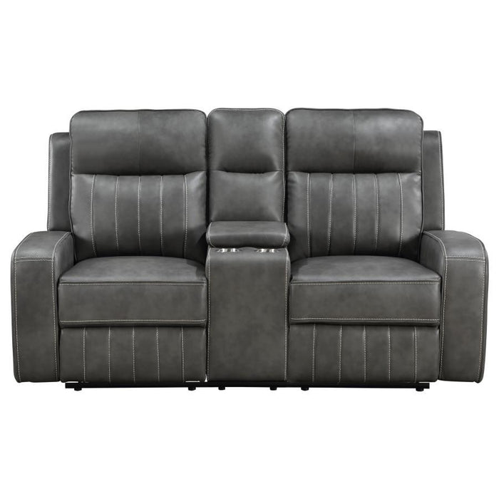 Raelynn - Upholstered Track Arm Motion Loveseat - Gray – Reclining Loveseats by Coaster Fine Furniture at Furniture Wholesale Plus , Nashville furniture store