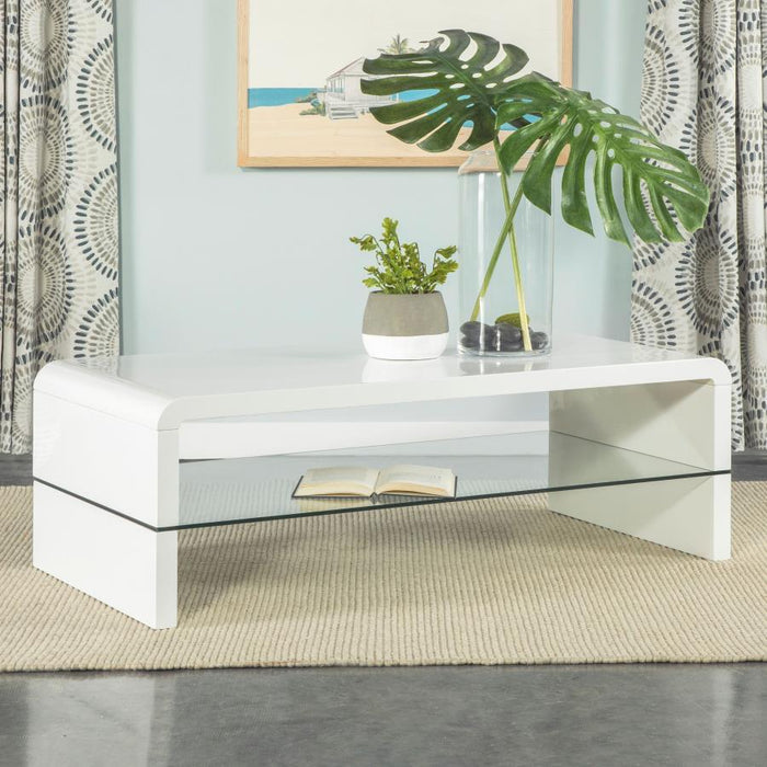 Airell - Rectangular Coffee Table With Shelf - White High Gloss - Premium Coffee Tables from CoasterEssence - Just $319! Shop now at Furniture Wholesale Plus  We are the best furniture store in Nashville, Hendersonville, Goodlettsville, Madison, Antioch, Mount Juliet, Lebanon, Gallatin, Springfield, Murfreesboro, Franklin, Brentwood
