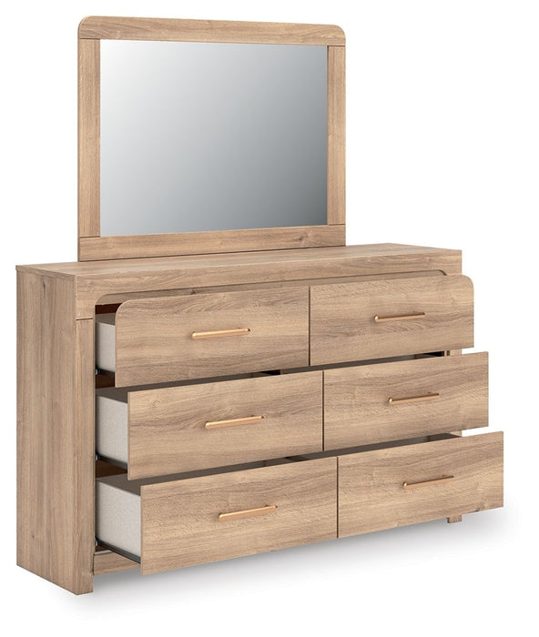 Kinlanni - 3 Pc. - Queen Upholstered Panel Bed With Roll Slats, Dresser And Mirror - Tan – 3 Piece Bedroom Sets by Signature Design by Ashley® at Furniture Wholesale Plus , Nashville furniture store