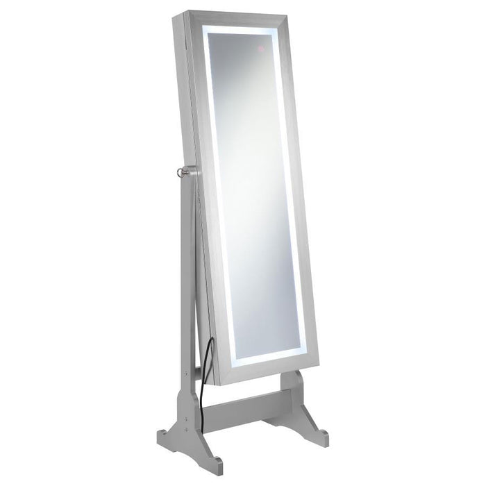 Moore - Cheval Mirror With Jewelry Storage - Silver – Storage Mirrors by CoasterEssence at Furniture Wholesale Plus , Nashville furniture store