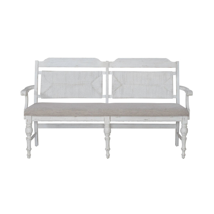 River Place - Panel Back Bench - Riverstone White & Tobacco – Upholstered Benches by Liberty Furniture at Furniture Wholesale Plus , Nashville furniture store
