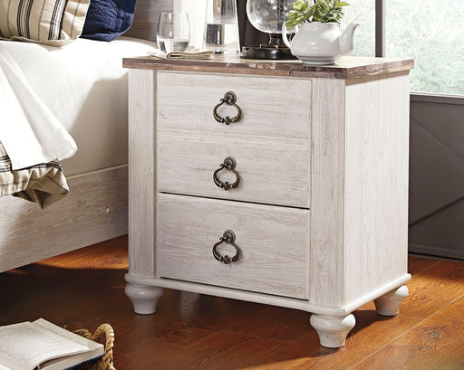 Willowton - Brown / Beige / White - Two Drawer Night Stand - Premium Accent Nightstands from Signature Design by Ashley® - Just $238! Shop now at Furniture Wholesale Plus  We are the best furniture store in Nashville, Hendersonville, Goodlettsville, Madison, Antioch, Mount Juliet, Lebanon, Gallatin, Springfield, Murfreesboro, Franklin, Brentwood