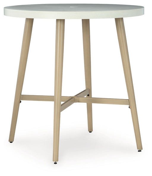 Seton Creek - Beige - Round Bar Table With Umbrella Option - Premium Bar Tables from Signature Design by Ashley® - Just $628! Shop now at Furniture Wholesale Plus  We are the best furniture store in Nashville, Hendersonville, Goodlettsville, Madison, Antioch, Mount Juliet, Lebanon, Gallatin, Springfield, Murfreesboro, Franklin, Brentwood