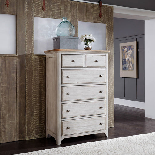 Farmhouse Reimagined - 5 Drawer Chest - Antique White / Chestnut Tops – Accent Chests by Liberty Furniture at Furniture Wholesale Plus , Nashville furniture store