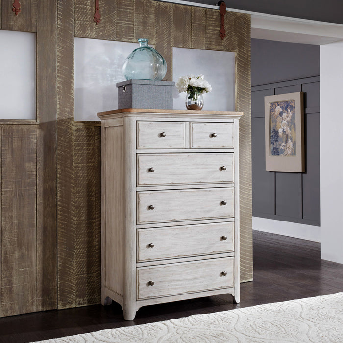Farmhouse Reimagined - 5 Drawer Chest - Antique White / Chestnut Tops – Accent Chests by Liberty Furniture at Furniture Wholesale Plus , Nashville furniture store
