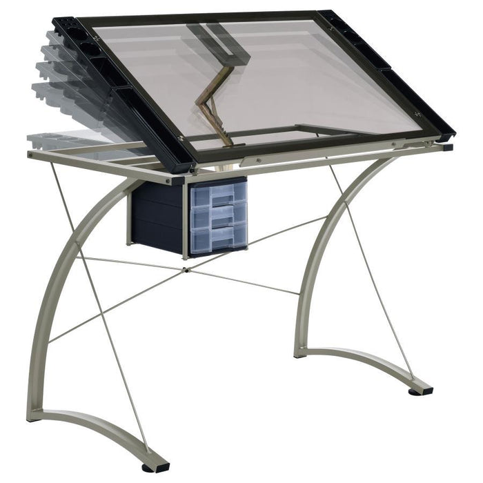 Melo - Glass Top Drafting Table With Storage - Silver – Writing Desks by CoasterEveryday at Furniture Wholesale Plus , Nashville furniture store