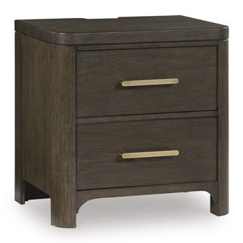Radkin - Two Drawer Night Stand - Burnished Brown – Nightstands w/ Charging Stations by Signature Design by Ashley® at Furniture Wholesale Plus , Nashville furniture store