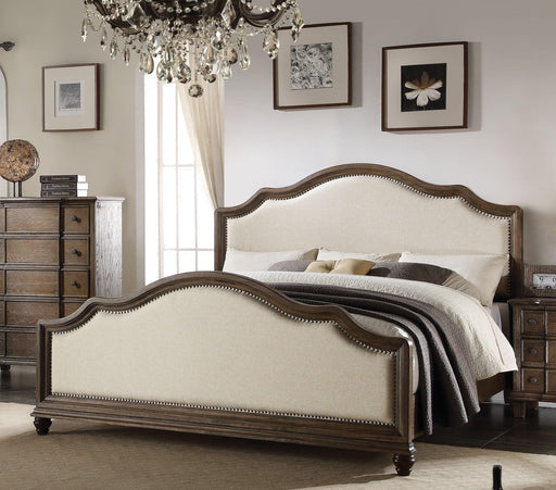 Acme Baudouin Upholstered Queen Bed in Weathered Oak 26110Q - Premium Bed from ACME East - Just $1053! Shop now at Furniture Wholesale Plus  We are the best furniture store in Nashville, Hendersonville, Goodlettsville, Madison, Antioch, Mount Juliet, Lebanon, Gallatin, Springfield, Murfreesboro, Franklin, Brentwood