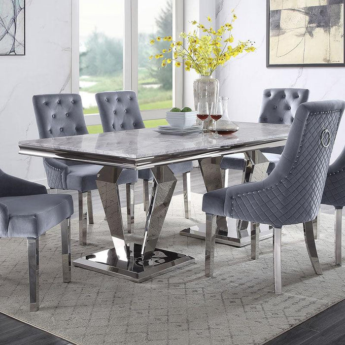 Satinka Light Gray Printed Faux Marble & Mirrored Silver Finish Dining Room Set - Premium Dining Room Set from ACME East - Just $2901.60! Shop now at Furniture Wholesale Plus  We are the best furniture store in Nashville, Hendersonville, Goodlettsville, Madison, Antioch, Mount Juliet, Lebanon, Gallatin, Springfield, Murfreesboro, Franklin, Brentwood