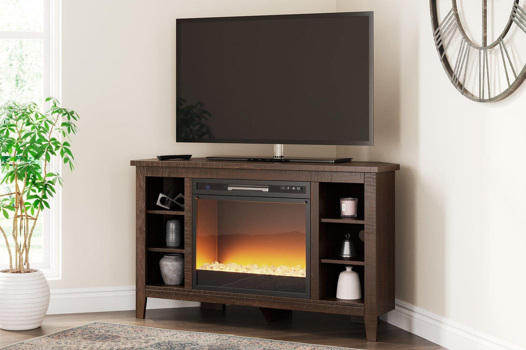 Camiburg Corner TV Stand with Electric Fireplace - Premium TV Stand from Ashley Furniture - Just $452.03! Shop now at Furniture Wholesale Plus  We are the best furniture store in Nashville, Hendersonville, Goodlettsville, Madison, Antioch, Mount Juliet, Lebanon, Gallatin, Springfield, Murfreesboro, Franklin, Brentwood