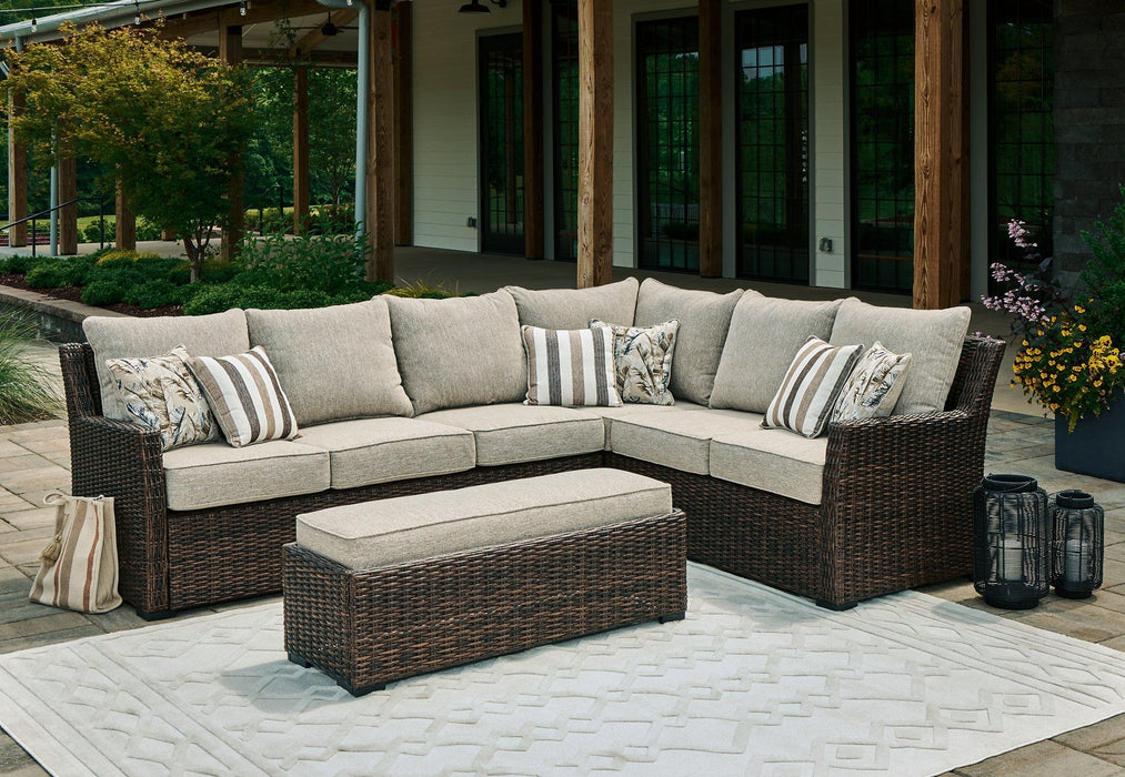 Brook Ranch Outdoor Sofa Sectional/Bench with Cushion (Set of 3) - Premium Outdoor Seating from Ashley Furniture - Just $1880.41! Shop now at Furniture Wholesale Plus  We are the best furniture store in Nashville, Hendersonville, Goodlettsville, Madison, Antioch, Mount Juliet, Lebanon, Gallatin, Springfield, Murfreesboro, Franklin, Brentwood