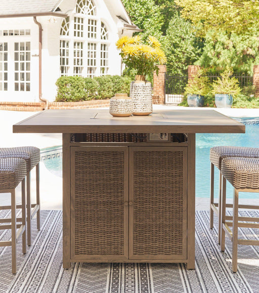 Walton Bridge Outdoor Bar Table with Fire Pit - Premium Outdoor Pub Table w/FP from Ashley Furniture - Just $1486.56! Shop now at Furniture Wholesale Plus  We are the best furniture store in Nashville, Hendersonville, Goodlettsville, Madison, Antioch, Mount Juliet, Lebanon, Gallatin, Springfield, Murfreesboro, Franklin, Brentwood