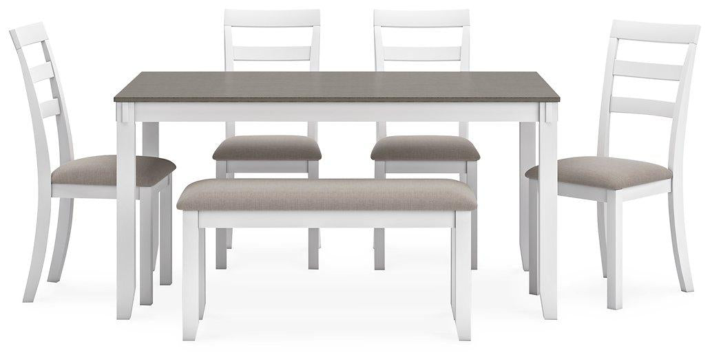 Stonehollow Dining Table and Chairs with Bench (Set of 6) - Premium Dining Table from Ashley Furniture - Just $579.20! Shop now at Furniture Wholesale Plus  We are the best furniture store in Nashville, Hendersonville, Goodlettsville, Madison, Antioch, Mount Juliet, Lebanon, Gallatin, Springfield, Murfreesboro, Franklin, Brentwood