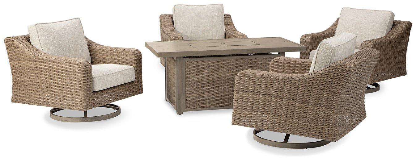 Beachcroft Beachcroft Fire Pit Table with Four Nuvella Swivel Lounge Chairs - Premium Outdoor Seating Set from Ashley Furniture - Just $4022.76! Shop now at Furniture Wholesale Plus  We are the best furniture store in Nashville, Hendersonville, Goodlettsville, Madison, Antioch, Mount Juliet, Lebanon, Gallatin, Springfield, Murfreesboro, Franklin, Brentwood