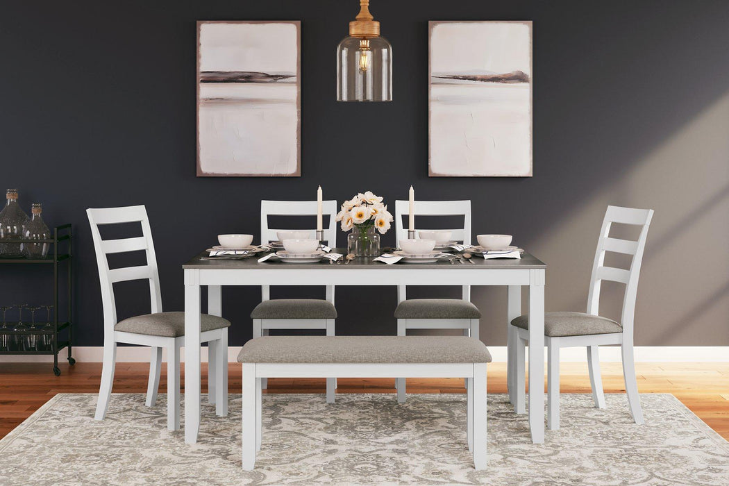 Stonehollow Dining Table and Chairs with Bench (Set of 6) - Premium Dining Table from Ashley Furniture - Just $579.20! Shop now at Furniture Wholesale Plus  We are the best furniture store in Nashville, Hendersonville, Goodlettsville, Madison, Antioch, Mount Juliet, Lebanon, Gallatin, Springfield, Murfreesboro, Franklin, Brentwood