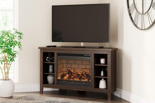 Camiburg Corner TV Stand with Electric Fireplace - Premium TV Stand from Ashley Furniture - Just $452.03! Shop now at Furniture Wholesale Plus  We are the best furniture store in Nashville, Hendersonville, Goodlettsville, Madison, Antioch, Mount Juliet, Lebanon, Gallatin, Springfield, Murfreesboro, Franklin, Brentwood