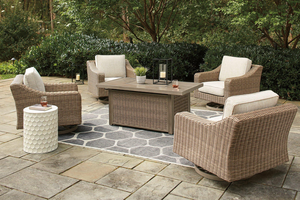 Beachcroft Beachcroft Fire Pit Table with Four Nuvella Swivel Lounge Chairs - Premium Outdoor Seating Set from Ashley Furniture - Just $4022.76! Shop now at Furniture Wholesale Plus  We are the best furniture store in Nashville, Hendersonville, Goodlettsville, Madison, Antioch, Mount Juliet, Lebanon, Gallatin, Springfield, Murfreesboro, Franklin, Brentwood