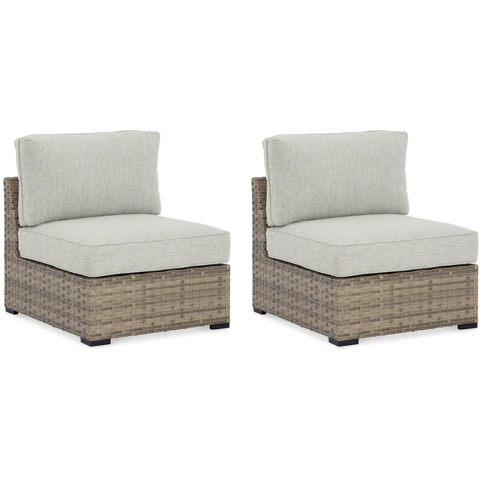 Calworth Outdoor Armless Chair with Cushion (Set of 2) - Premium Outdoor Seating from Ashley Furniture - Just $345.20! Shop now at Furniture Wholesale Plus  We are the best furniture store in Nashville, Hendersonville, Goodlettsville, Madison, Antioch, Mount Juliet, Lebanon, Gallatin, Springfield, Murfreesboro, Franklin, Brentwood