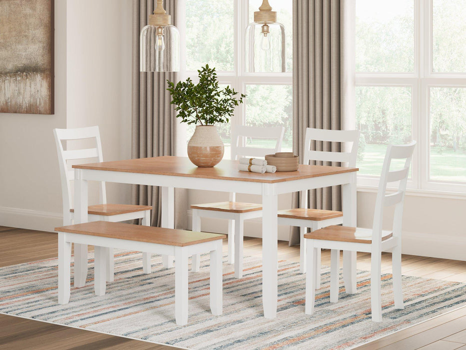 Gesthaven Dining Table with 4 Chairs and Bench (Set of 6) - Premium Dining Table from Ashley Furniture - Just $559.09! Shop now at Furniture Wholesale Plus  We are the best furniture store in Nashville, Hendersonville, Goodlettsville, Madison, Antioch, Mount Juliet, Lebanon, Gallatin, Springfield, Murfreesboro, Franklin, Brentwood