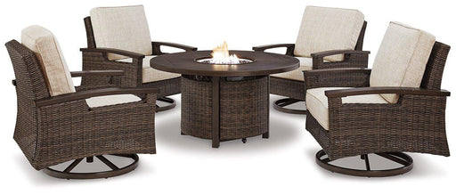 Paradise Trail Paradise Trail Fire Pit Table with 4 Nuvella Swivel Lounge Chairs - Premium Outdoor Seating Set from Ashley Furniture - Just $3634.10! Shop now at Furniture Wholesale Plus  We are the best furniture store in Nashville, Hendersonville, Goodlettsville, Madison, Antioch, Mount Juliet, Lebanon, Gallatin, Springfield, Murfreesboro, Franklin, Brentwood