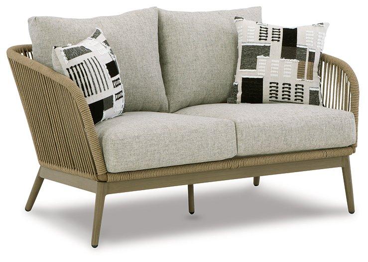 Swiss Valley Outdoor Loveseat with Cushion - Premium Outdoor Seating from Ashley Furniture - Just $779.49! Shop now at Furniture Wholesale Plus  We are the best furniture store in Nashville, Hendersonville, Goodlettsville, Madison, Antioch, Mount Juliet, Lebanon, Gallatin, Springfield, Murfreesboro, Franklin, Brentwood