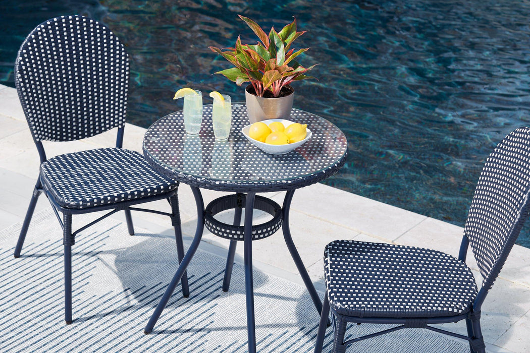 Odyssey Blue Outdoor Table and Chairs (Set of 3) - Premium Outdoor Dining Table from Ashley Furniture - Just $249.38! Shop now at Furniture Wholesale Plus  We are the best furniture store in Nashville, Hendersonville, Goodlettsville, Madison, Antioch, Mount Juliet, Lebanon, Gallatin, Springfield, Murfreesboro, Franklin, Brentwood