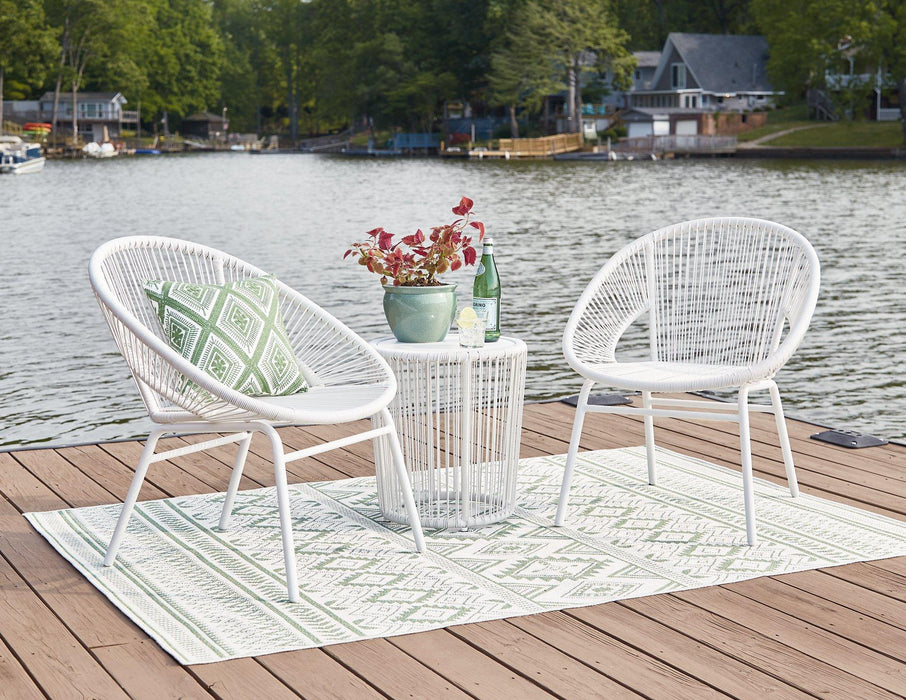 Mandarin Cape Outdoor Table and Chairs (Set of 3) - Premium Outdoor Seating Set from Ashley Furniture - Just $249.38! Shop now at Furniture Wholesale Plus  We are the best furniture store in Nashville, Hendersonville, Goodlettsville, Madison, Antioch, Mount Juliet, Lebanon, Gallatin, Springfield, Murfreesboro, Franklin, Brentwood