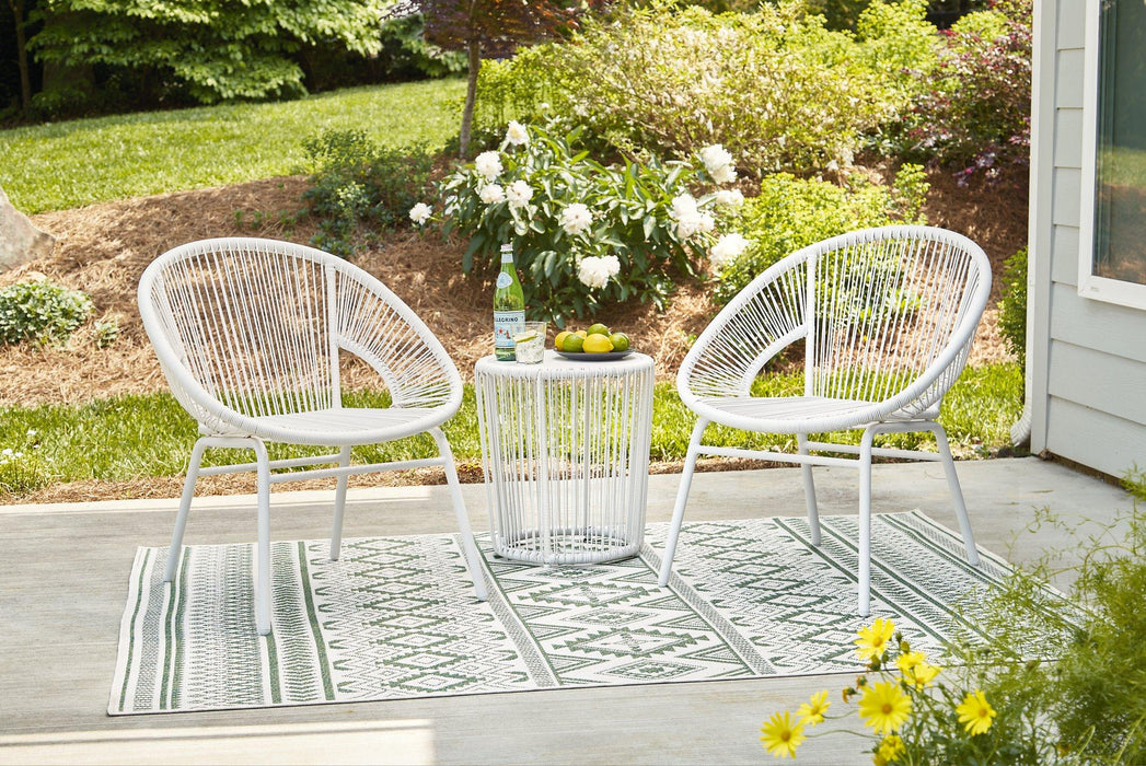 Mandarin Cape Outdoor Table and Chairs (Set of 3) - Premium Outdoor Seating Set from Ashley Furniture - Just $249.38! Shop now at Furniture Wholesale Plus  We are the best furniture store in Nashville, Hendersonville, Goodlettsville, Madison, Antioch, Mount Juliet, Lebanon, Gallatin, Springfield, Murfreesboro, Franklin, Brentwood