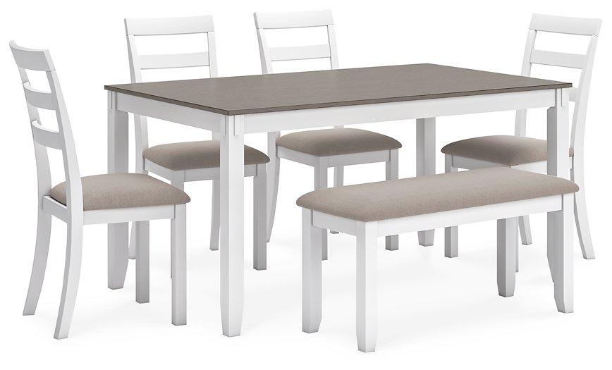 Stonehollow Dining Table and Chairs with Bench (Set of 6) - Premium Dining Table from Ashley Furniture - Just $579.20! Shop now at Furniture Wholesale Plus  We are the best furniture store in Nashville, Hendersonville, Goodlettsville, Madison, Antioch, Mount Juliet, Lebanon, Gallatin, Springfield, Murfreesboro, Franklin, Brentwood