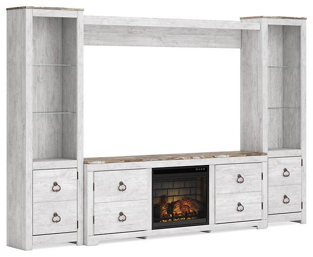 Willowton 4-Piece Entertainment Center with Electric Fireplace - Premium Entertainment Center from Ashley Furniture - Just $695.84! Shop now at Furniture Wholesale Plus  We are the best furniture store in Nashville, Hendersonville, Goodlettsville, Madison, Antioch, Mount Juliet, Lebanon, Gallatin, Springfield, Murfreesboro, Franklin, Brentwood