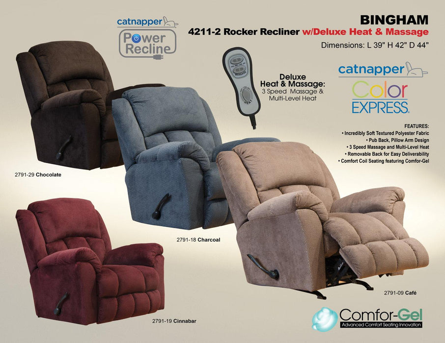Catnapper Bingham Rocker Recliner w/Deluxe Heat & Massage in Cafe 4211-2 - Premium Recliner from Catnapper - Just $608.66! Shop now at Furniture Wholesale Plus  We are the best furniture store in Nashville, Hendersonville, Goodlettsville, Madison, Antioch, Mount Juliet, Lebanon, Gallatin, Springfield, Murfreesboro, Franklin, Brentwood