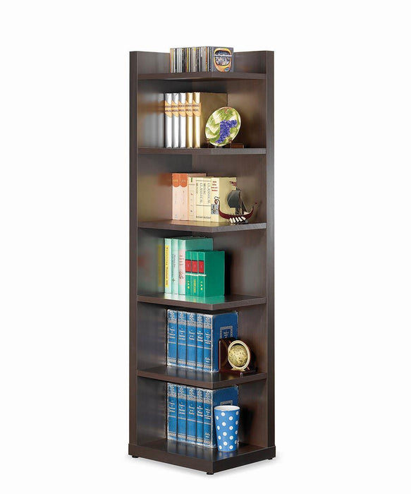 Transitional Cappuccino Corner Bookcase - Premium Corner Bookcase from Coaster Z2 Standard - Just $178! Shop now at Furniture Wholesale Plus  We are the best furniture store in Nashville, Hendersonville, Goodlettsville, Madison, Antioch, Mount Juliet, Lebanon, Gallatin, Springfield, Murfreesboro, Franklin, Brentwood