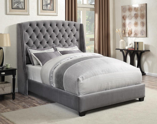 Pissarro Transitional Upholstered Grey and Chocolate Queen Bed - Premium Bed from Coaster Z2 Standard - Just $670! Shop now at Furniture Wholesale Plus  We are the best furniture store in Nashville, Hendersonville, Goodlettsville, Madison, Antioch, Mount Juliet, Lebanon, Gallatin, Springfield, Murfreesboro, Franklin, Brentwood
