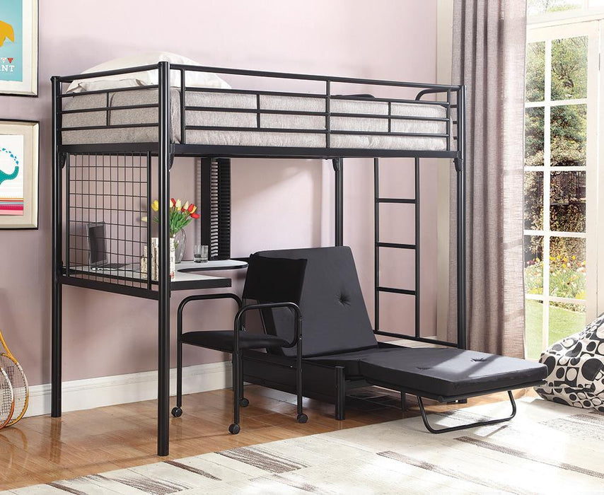 Jenner Twin Futon Workstation Loft Bed Black - Premium Loft Bed from Coaster Z2 Standard - Just $710! Shop now at Furniture Wholesale Plus  We are the best furniture store in Nashville, Hendersonville, Goodlettsville, Madison, Antioch, Mount Juliet, Lebanon, Gallatin, Springfield, Murfreesboro, Franklin, Brentwood