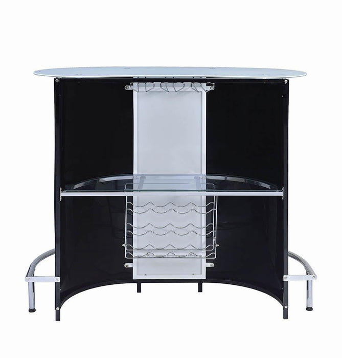G100654 Contemporary Black and Chrome Bar Unit with Frosted Glass Top - Premium Bar Unit from Coaster Z2 Standard - Just $358! Shop now at Furniture Wholesale Plus  We are the best furniture store in Nashville, Hendersonville, Goodlettsville, Madison, Antioch, Mount Juliet, Lebanon, Gallatin, Springfield, Murfreesboro, Franklin, Brentwood