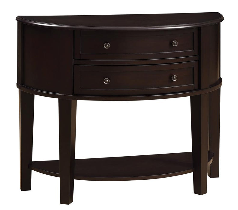 Diane 2-drawer Demilune Shape Console Table Cappuccino - Premium Console Table from Coaster Z2 Standard - Just $350! Shop now at Furniture Wholesale Plus  We are the best furniture store in Nashville, Hendersonville, Goodlettsville, Madison, Antioch, Mount Juliet, Lebanon, Gallatin, Springfield, Murfreesboro, Franklin, Brentwood