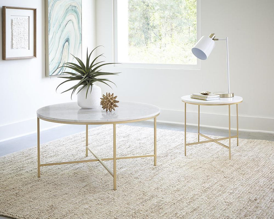 Ellison Round X-cross Coffee Table White and Gold - Premium Coffee Table from Coaster Z2 Standard - Just $498! Shop now at Furniture Wholesale Plus  We are the best furniture store in Nashville, Hendersonville, Goodlettsville, Madison, Antioch, Mount Juliet, Lebanon, Gallatin, Springfield, Murfreesboro, Franklin, Brentwood