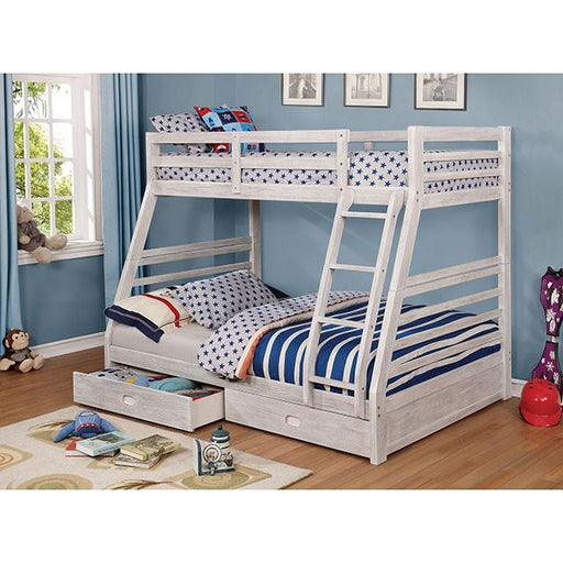 California III Wire-Brushed White Twin/Full Bunk Bed w/ 2 Drawers - Premium Bunk Bed from FOA East - Just $583.05! Shop now at Furniture Wholesale Plus  We are the best furniture store in Nashville, Hendersonville, Goodlettsville, Madison, Antioch, Mount Juliet, Lebanon, Gallatin, Springfield, Murfreesboro, Franklin, Brentwood