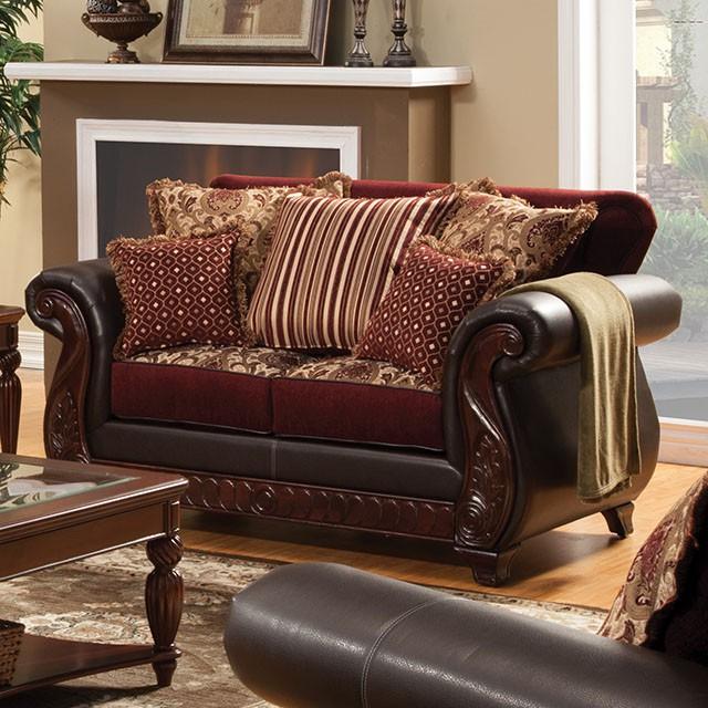 Franklin Burgundy/Espresso Love Seat, Burgundy - Premium Loveseat from FOA East - Just $1404! Shop now at Furniture Wholesale Plus  We are the best furniture store in Nashville, Hendersonville, Goodlettsville, Madison, Antioch, Mount Juliet, Lebanon, Gallatin, Springfield, Murfreesboro, Franklin, Brentwood