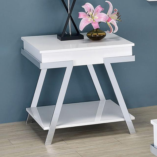 TITUS End Table, White/Chrome - Premium End Table from FOA East - Just $232.05! Shop now at Furniture Wholesale Plus  We are the best furniture store in Nashville, Hendersonville, Goodlettsville, Madison, Antioch, Mount Juliet, Lebanon, Gallatin, Springfield, Murfreesboro, Franklin, Brentwood