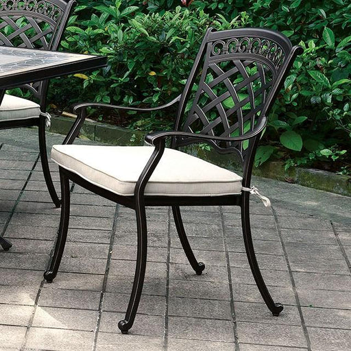 Charissa Antique Black/Beige Arm Chair (4/CTN) - Premium Outdoor Dining from FOA East - Just $1310.40! Shop now at Furniture Wholesale Plus  We are the best furniture store in Nashville, Hendersonville, Goodlettsville, Madison, Antioch, Mount Juliet, Lebanon, Gallatin, Springfield, Murfreesboro, Franklin, Brentwood