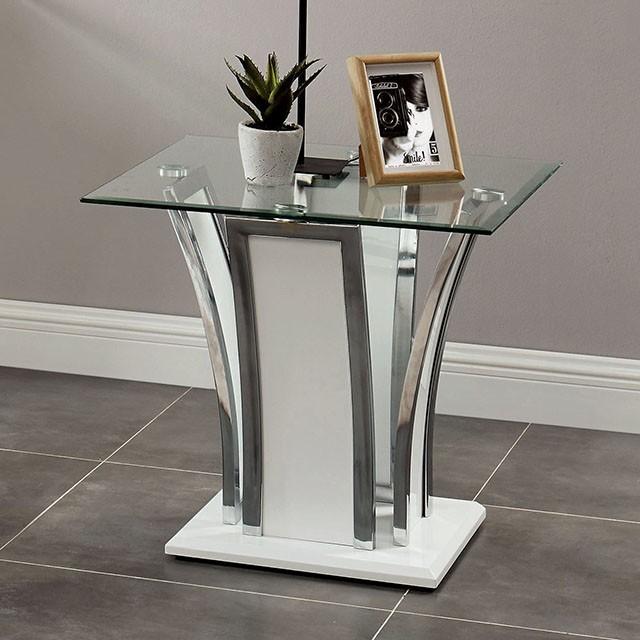 Staten Glossy White/Chrome End Table - Premium End Table from FOA East - Just $251.55! Shop now at Furniture Wholesale Plus  We are the best furniture store in Nashville, Hendersonville, Goodlettsville, Madison, Antioch, Mount Juliet, Lebanon, Gallatin, Springfield, Murfreesboro, Franklin, Brentwood