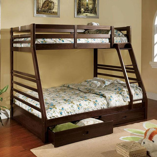 California III Dark Walnut Twin/Full Bunk Bed w/ 2 Drawers - Premium Bunk Bed from FOA East - Just $583.05! Shop now at Furniture Wholesale Plus  We are the best furniture store in Nashville, Hendersonville, Goodlettsville, Madison, Antioch, Mount Juliet, Lebanon, Gallatin, Springfield, Murfreesboro, Franklin, Brentwood