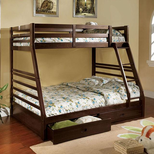 California III Dark Walnut Twin/Full Bunk Bed w/ 2 Drawers - Premium Bunk Bed from FOA East - Just $583.05! Shop now at Furniture Wholesale Plus  We are the best furniture store in Nashville, Hendersonville, Goodlettsville, Madison, Antioch, Mount Juliet, Lebanon, Gallatin, Springfield, Murfreesboro, Franklin, Brentwood