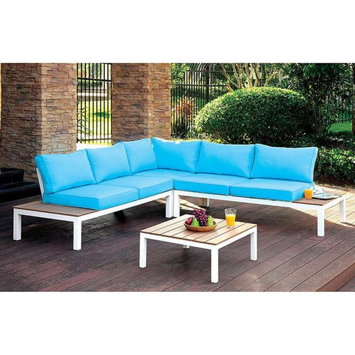 WINONA White/Oak/Blue Patio Sectional w/ Table - Premium Outdoor Seating from FOA East - Just $1480.05! Shop now at Furniture Wholesale Plus  We are the best furniture store in Nashville, Hendersonville, Goodlettsville, Madison, Antioch, Mount Juliet, Lebanon, Gallatin, Springfield, Murfreesboro, Franklin, Brentwood